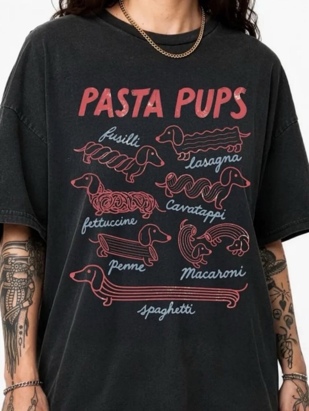Black Tee with Red Pasta Pups Graphic